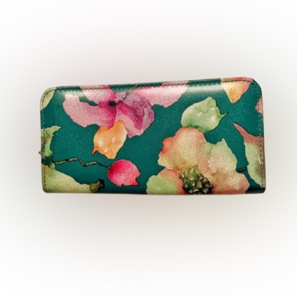 Green Patent Clutch Wallet with Colorful Flowers
